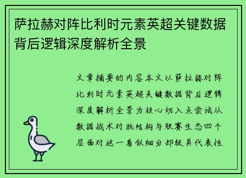 萨拉赫对阵比利时元素英超关键数据背后逻辑深度解析全景